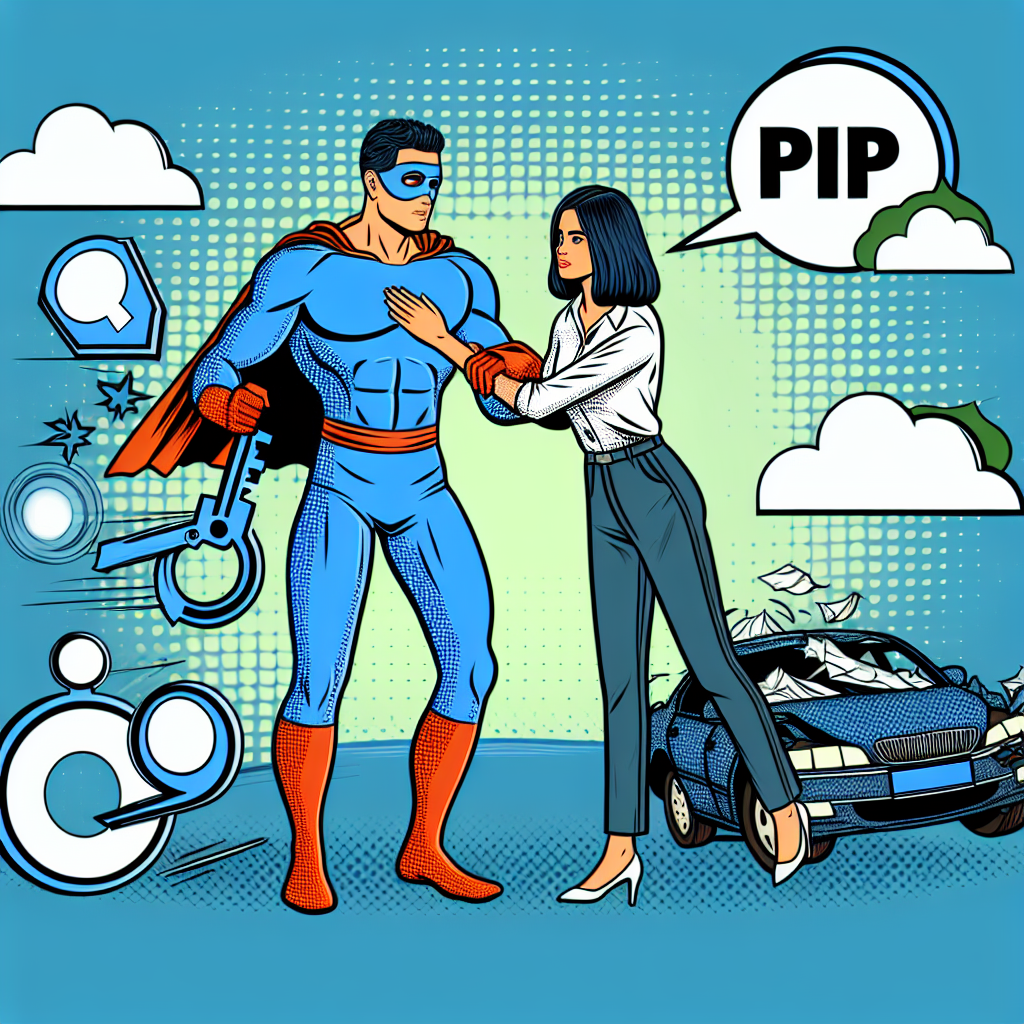 A superhero-themed illustration showing a person receiving medical care after a car accident with PIP insurance symbols around them
