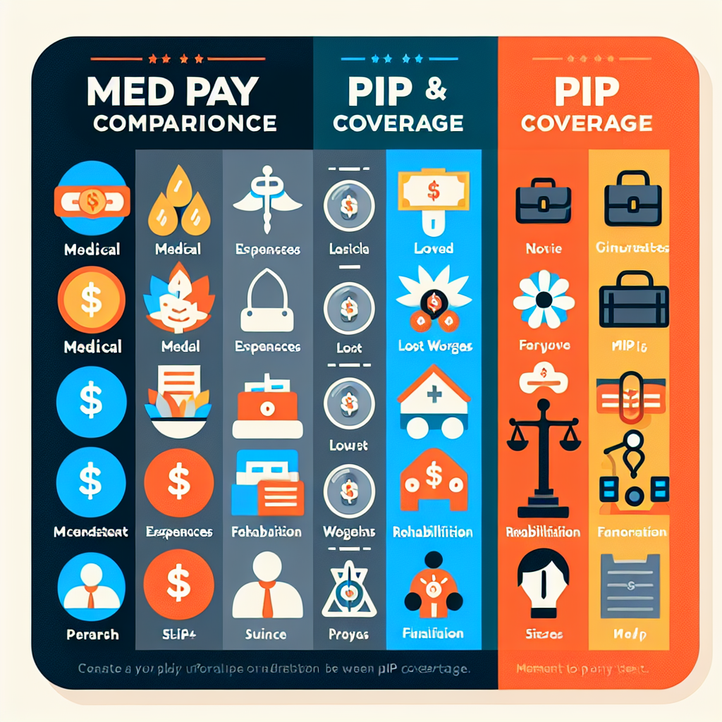 A comparison chart illustrating the differences between Med Pay and PIP coverage with icons representing medical expenses, lost wages, rehabilitation, and funeral expenses
