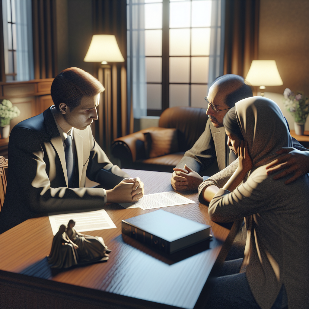A compassionate lawyer consulting with a grieving family in an office setting with legal documents on the table