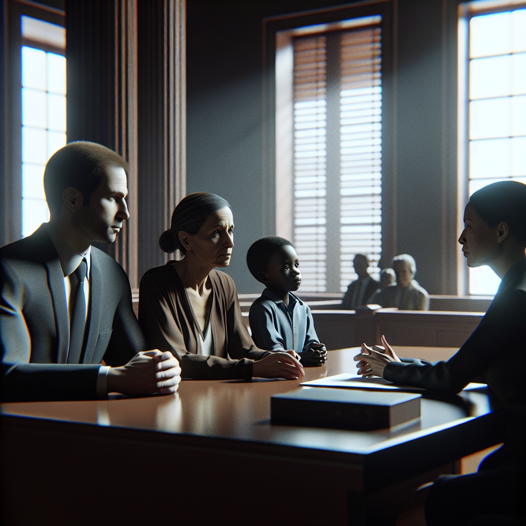 A somber courtroom scene with family members discussing with their lawyer about wrongful death claims