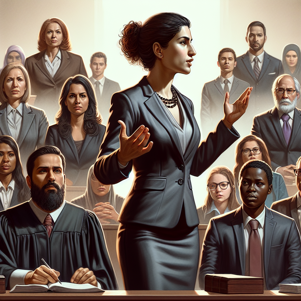 A courtroom scene with a diverse group of people discussing criminal defense law, showcasing a confident defense attorney presenting arguments