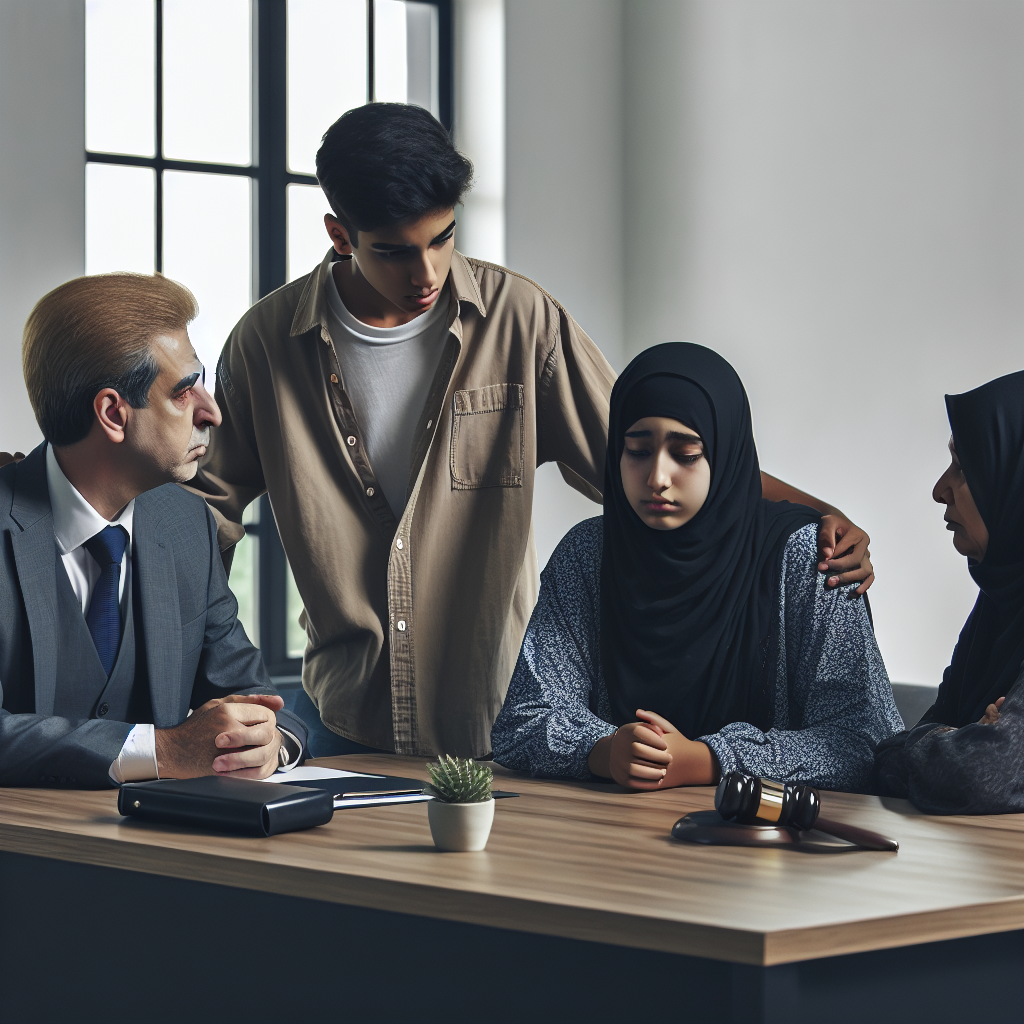 A compassionate wrongful death lawyer consulting with a grieving family in an office setting