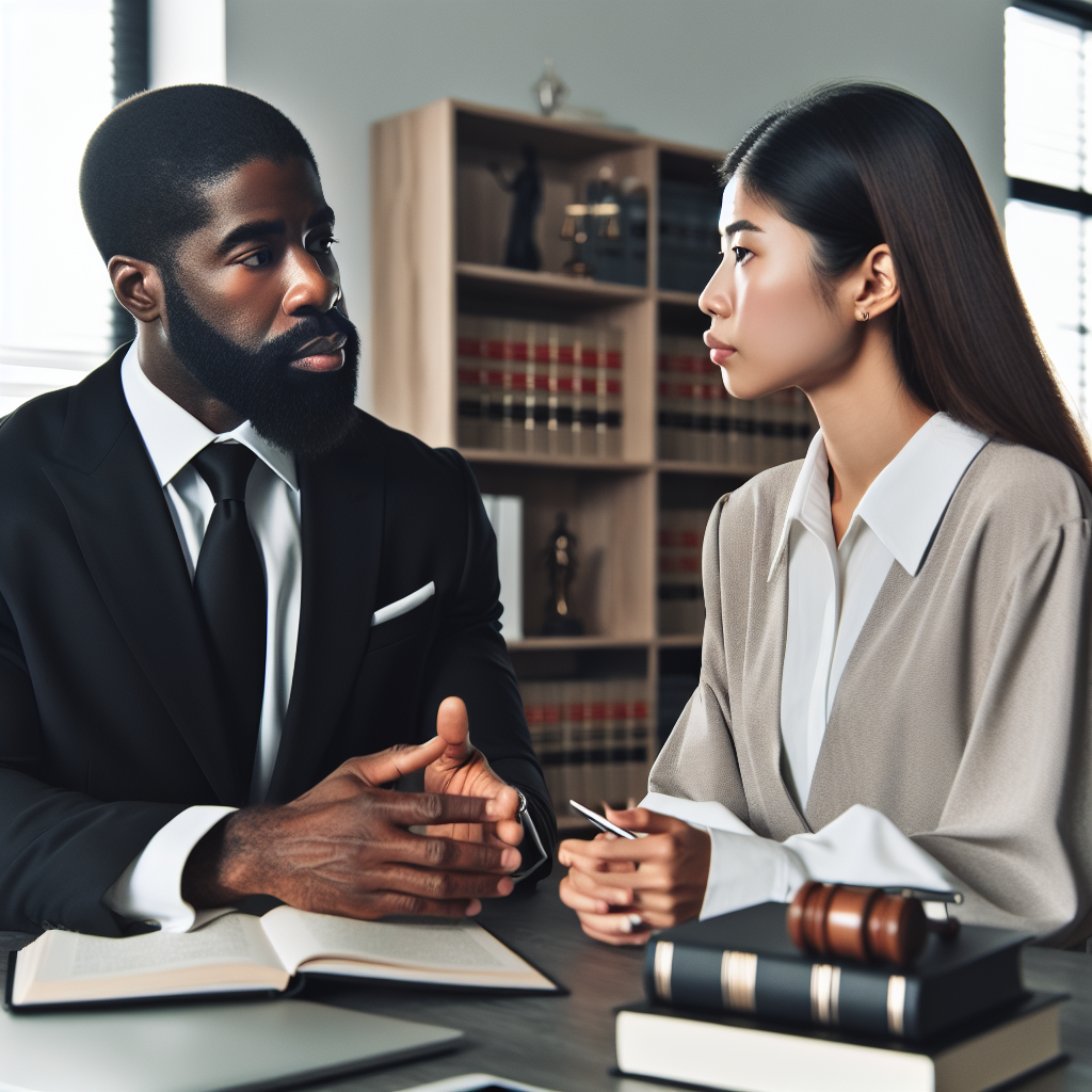 A confident criminal defense attorney discussing case details with a client in an office setting