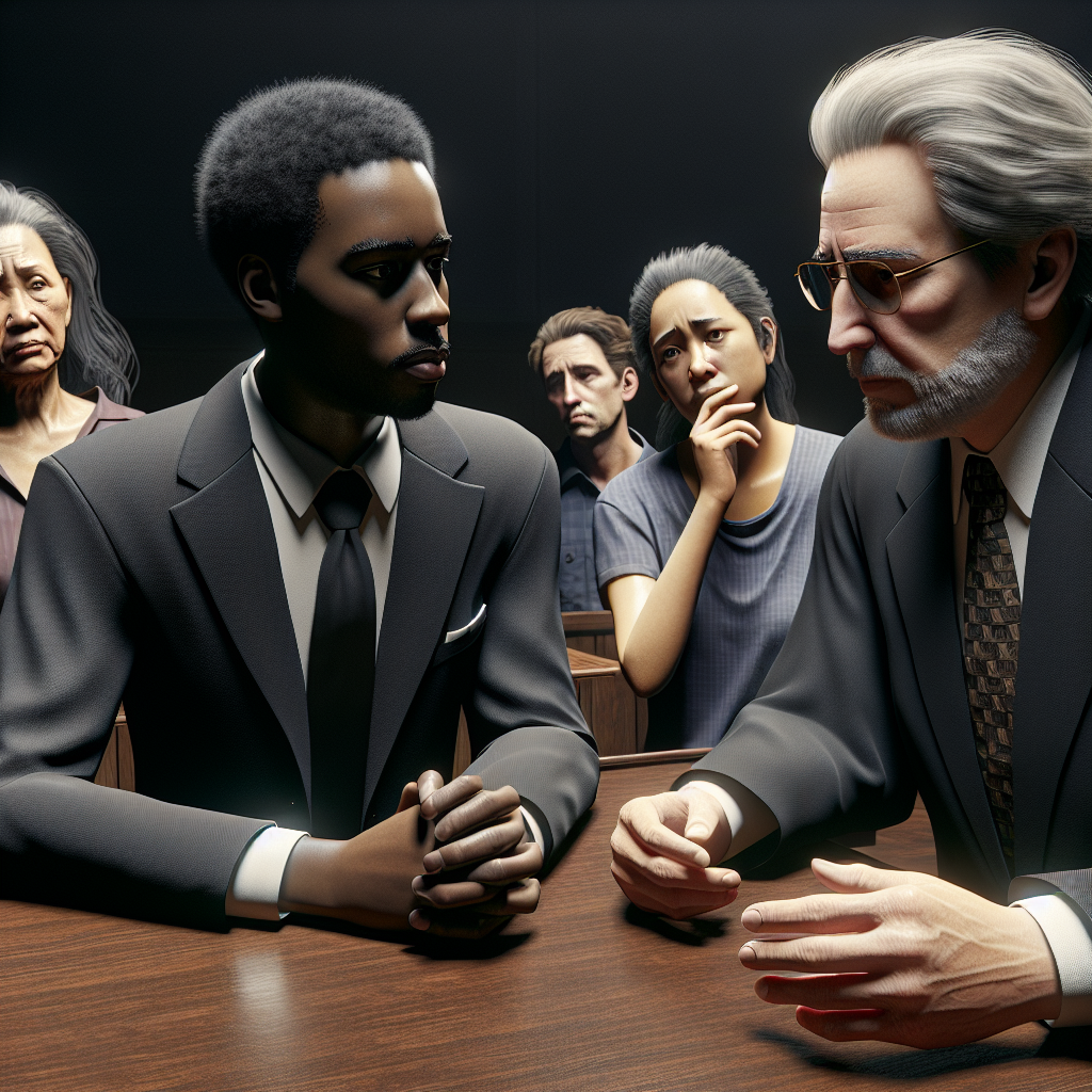 A courtroom scene showing a compassionate wrongful death lawyer discussing with a grieving family