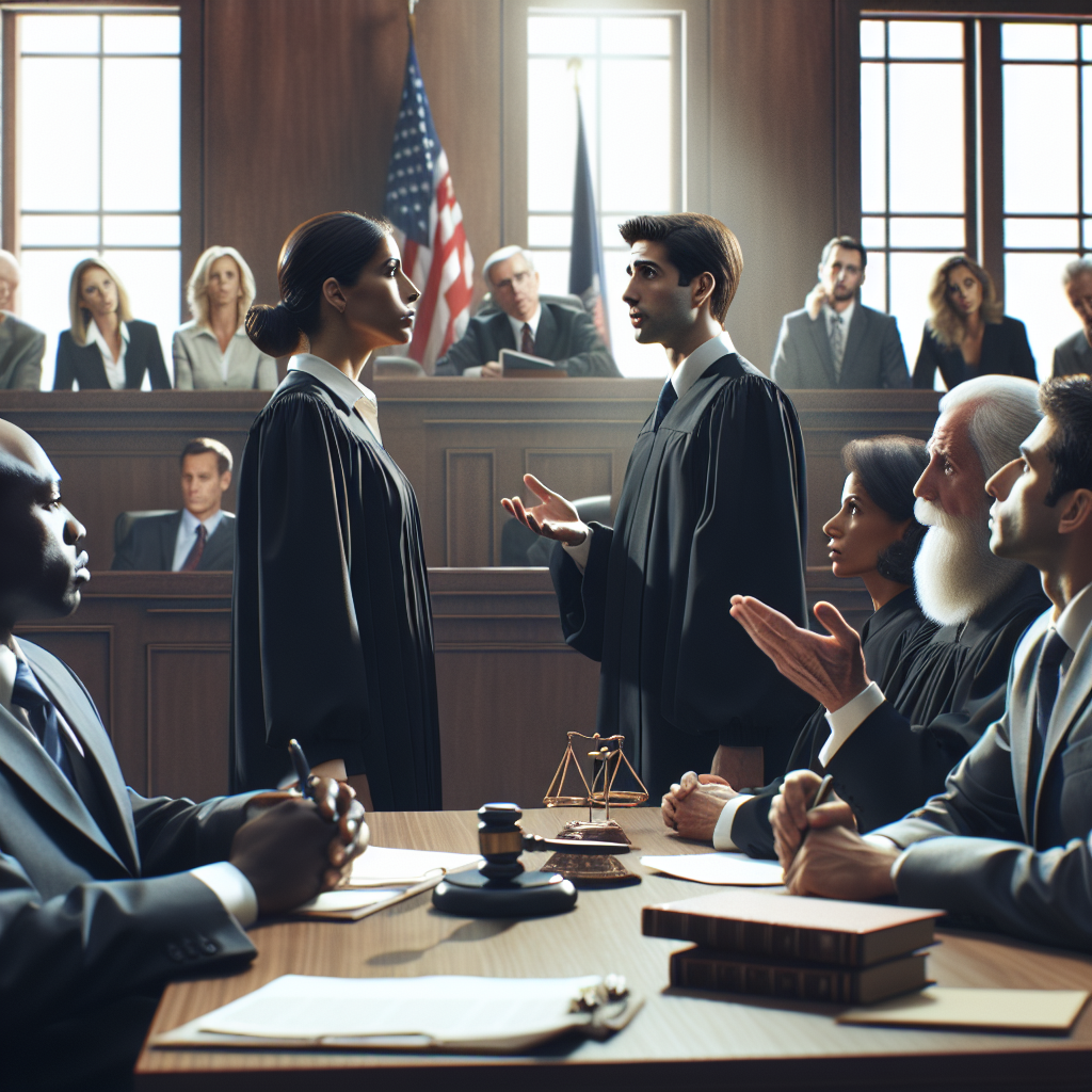 A courtroom scene showing a diverse group of people including a judge, jury members, and lawyers discussing legal rights with animated expressions