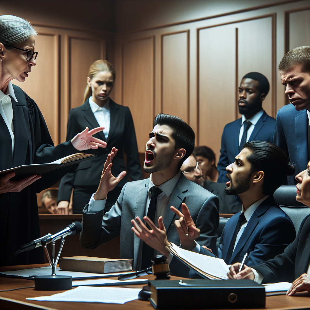 A courtroom scene with a judge, jury, and lawyers in action during a criminal trial