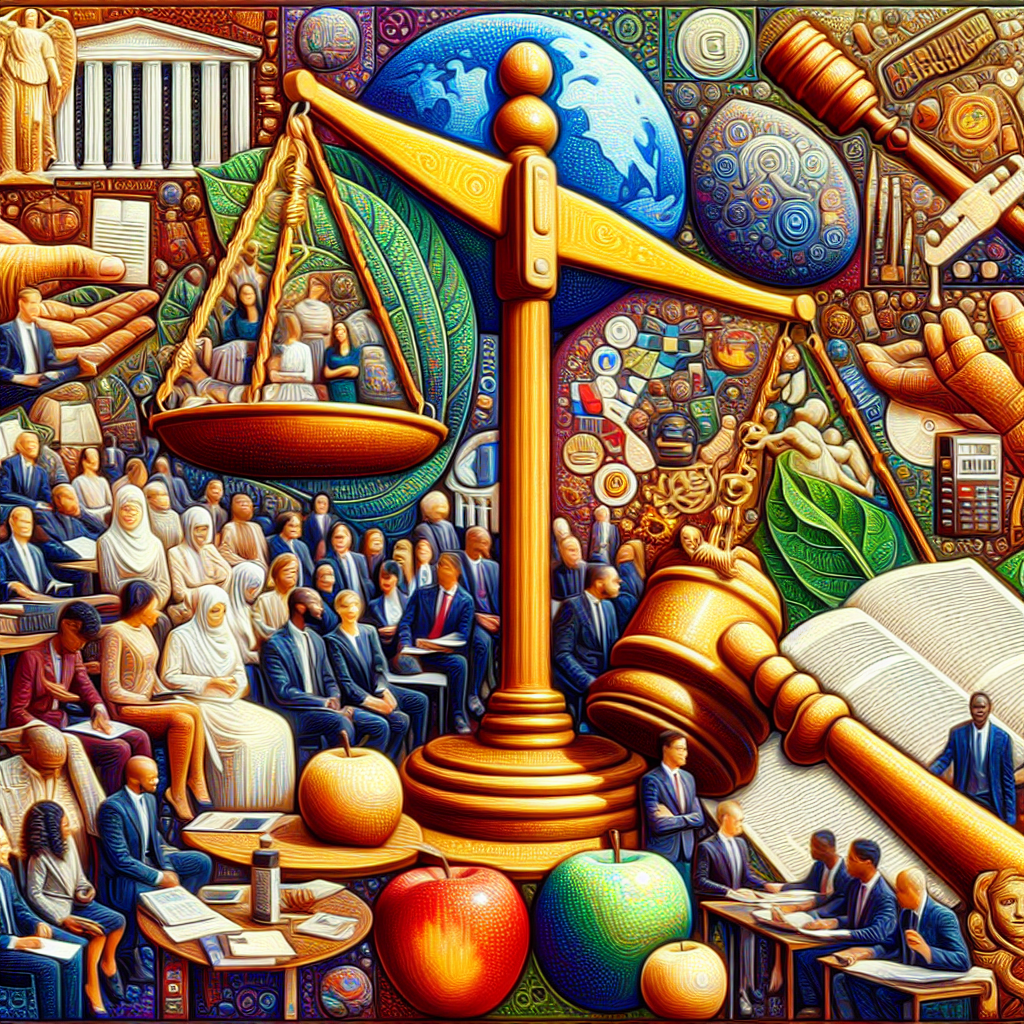 A vibrant collage representing various legal resources in the Bay Area, featuring symbols like scales of justice, gavel, and diverse people discussing law.