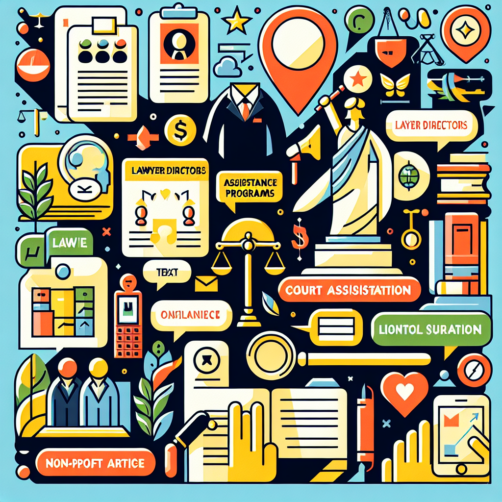 A vibrant illustration depicting various types of legal resources available in the Bay Area including lawyer directories, court assistance programs, non-profit organizations, and online platforms.