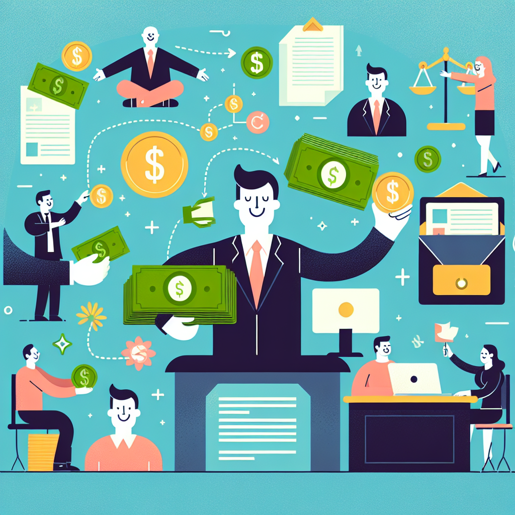 A vibrant illustration showing various aspects of litigation financing including documents, money exchange, and happy clients working with lawyers