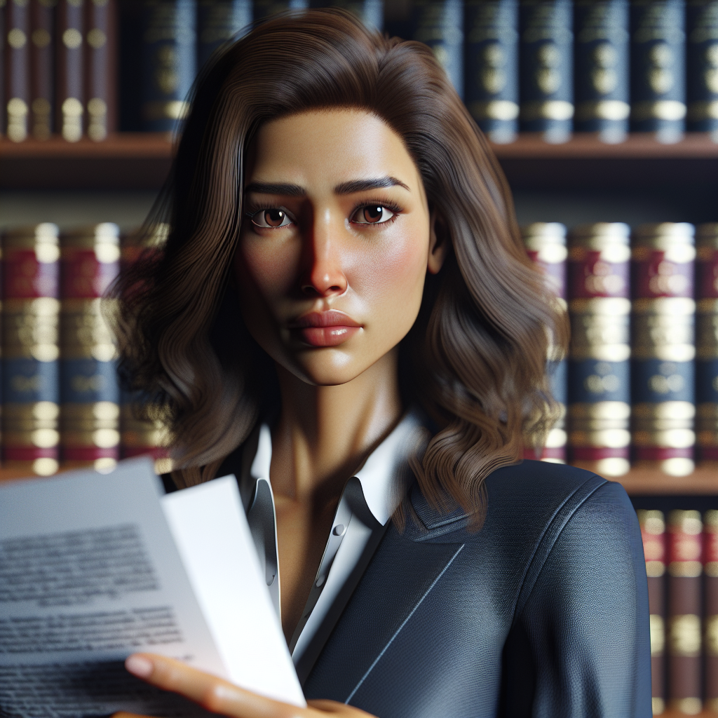 A person looking worried while holding legal documents in an office setting with law books in the background