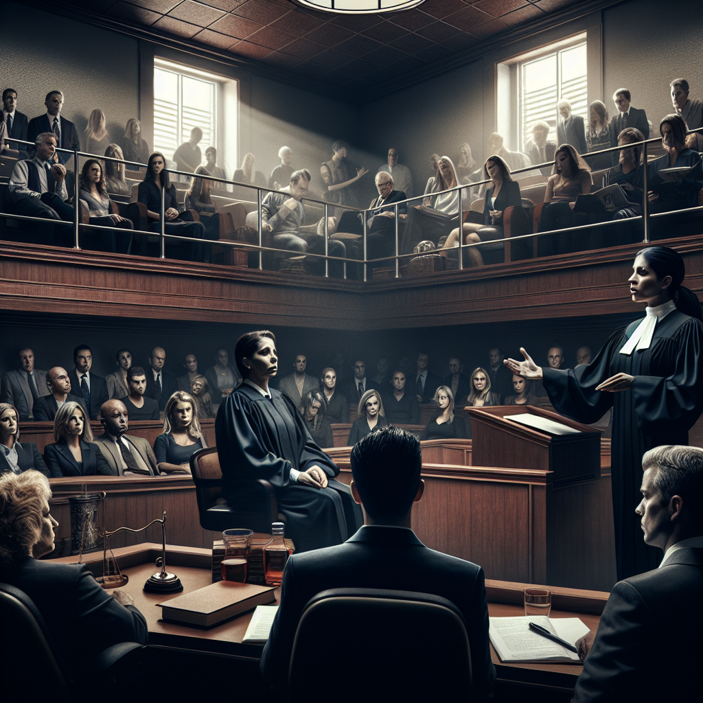 A courtroom scene with a judge presiding over a case, highlighting the seriousness of criminal charges
