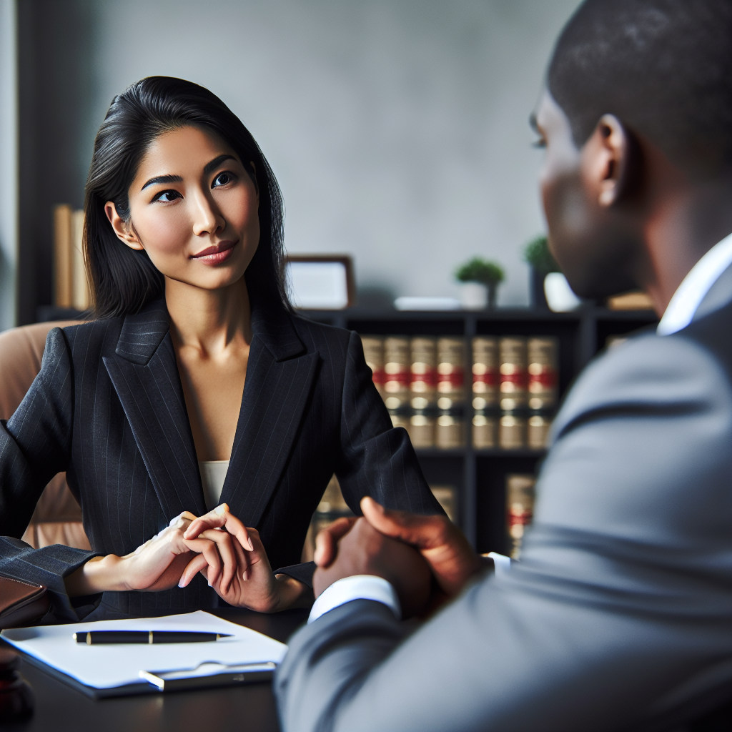 A confident criminal defense lawyer discussing strategy with a client in an office setting