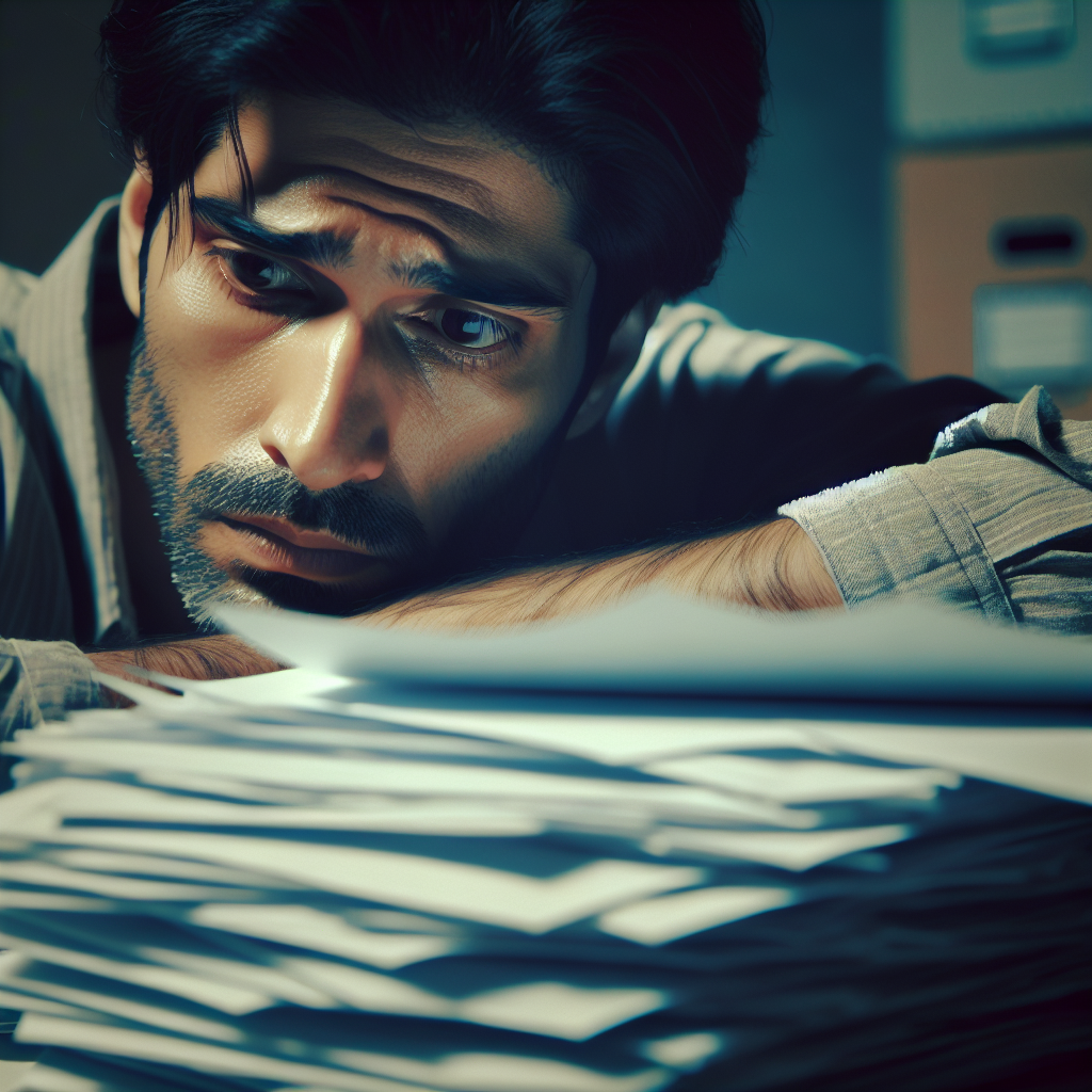 A worried person looking at paperwork after an accident