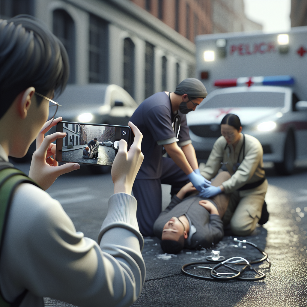A person documenting an accident scene with their smartphone while another person receives medical attention nearby