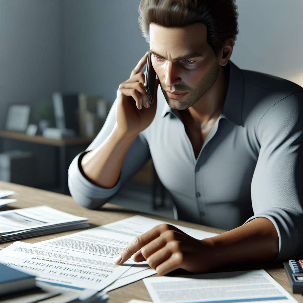 A person sitting at a desk with documents spread out, looking determined while on a phone call about an insurance claim