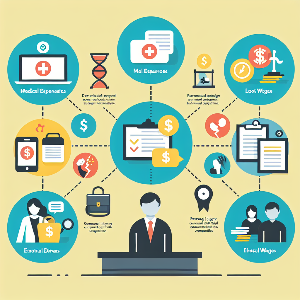 An infographic illustrating types of personal injury compensation such as medical expenses, lost wages, emotional distress damages with icons representing each type