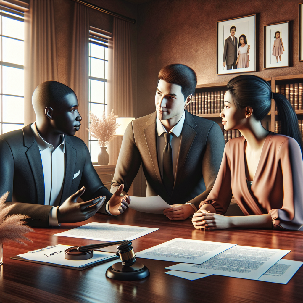 A friendly family law attorney discussing options with clients in an office setting, showcasing various family law documents and a warm atmosphere