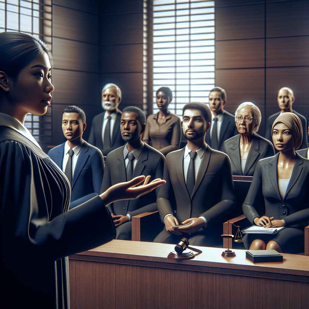 A courtroom scene depicting a personal injury lawyer presenting evidence with a jury observing attentively