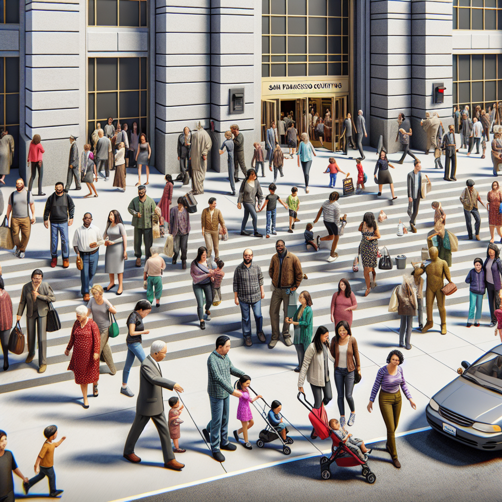 A bustling San Francisco court building with diverse families entering and exiting
