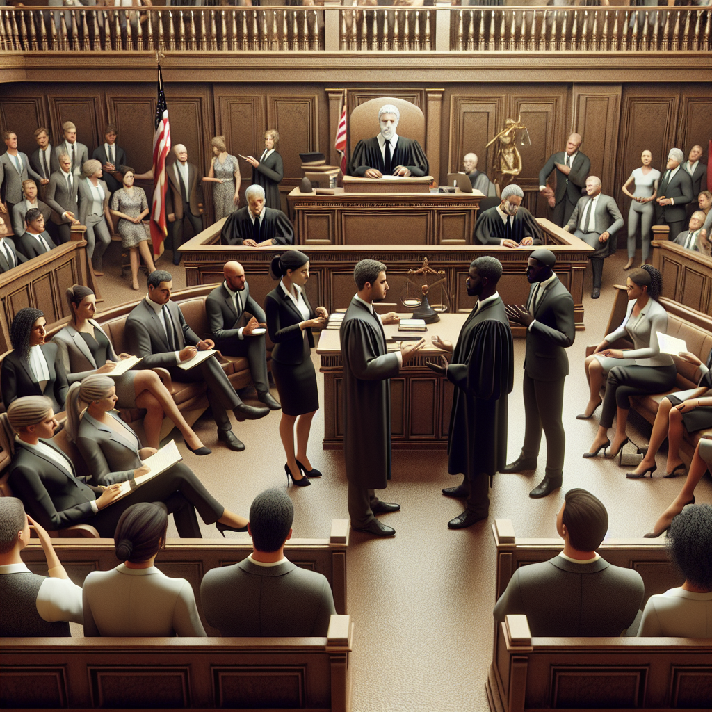 A courtroom scene with lawyers discussing pre-trial motions