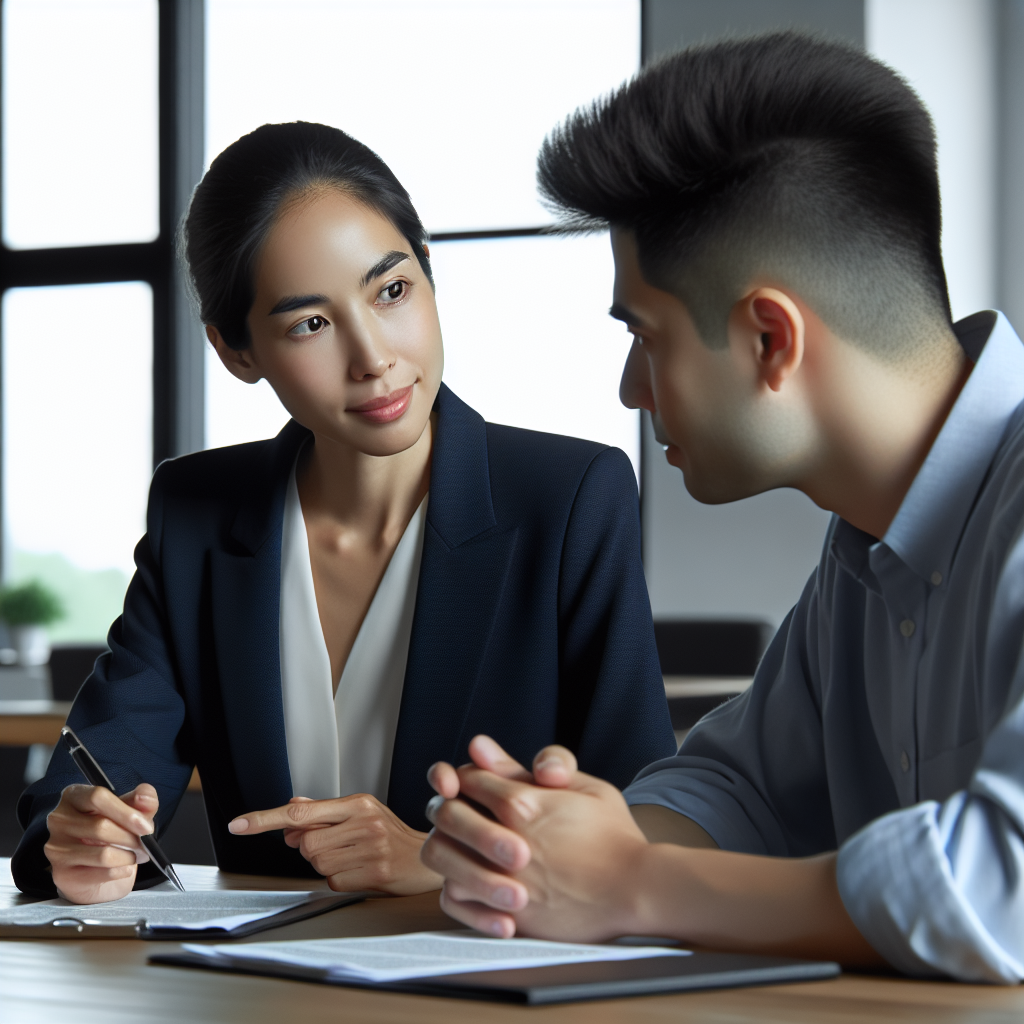 A friendly family law attorney discussing legal matters with a client in an office setting