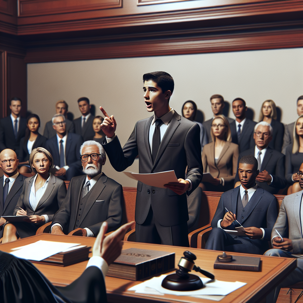 A courtroom scene depicting a confident defense attorney presenting evidence passionately while the judge and jury attentively listen