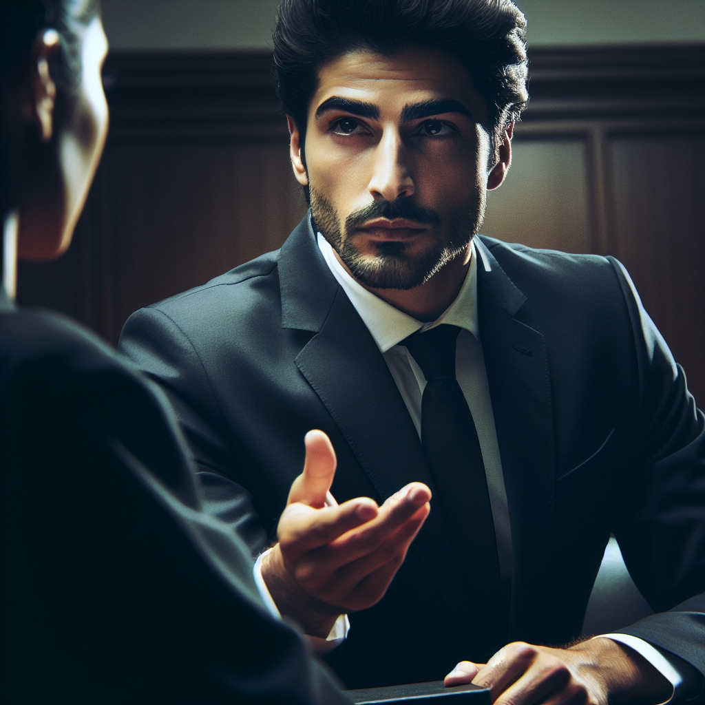 A confident criminal defense lawyer presenting evidence in court with an intense focus on their client