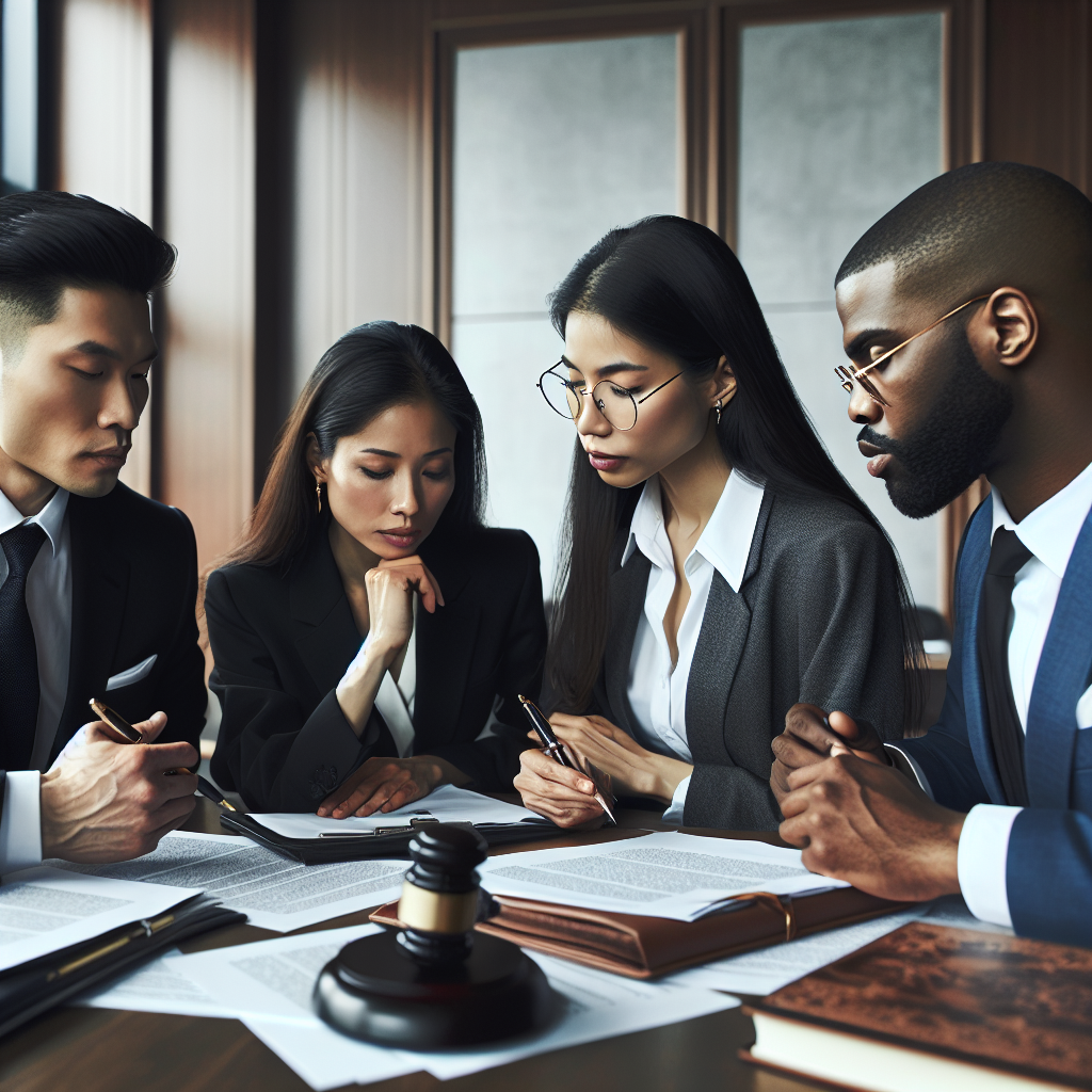 A diverse legal team discussing strategies around a table filled with legal documents
