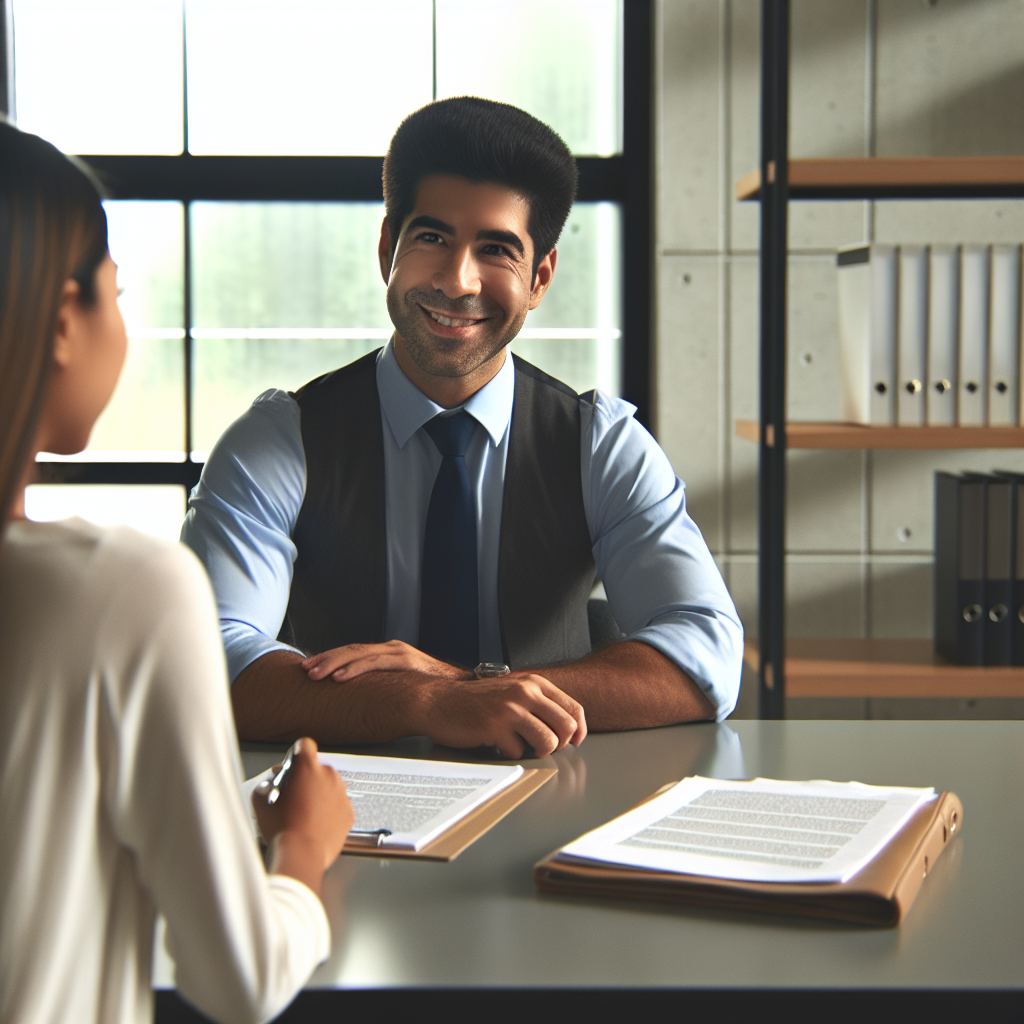 A friendly lawyer discussing personal injury law with a client in an office setting