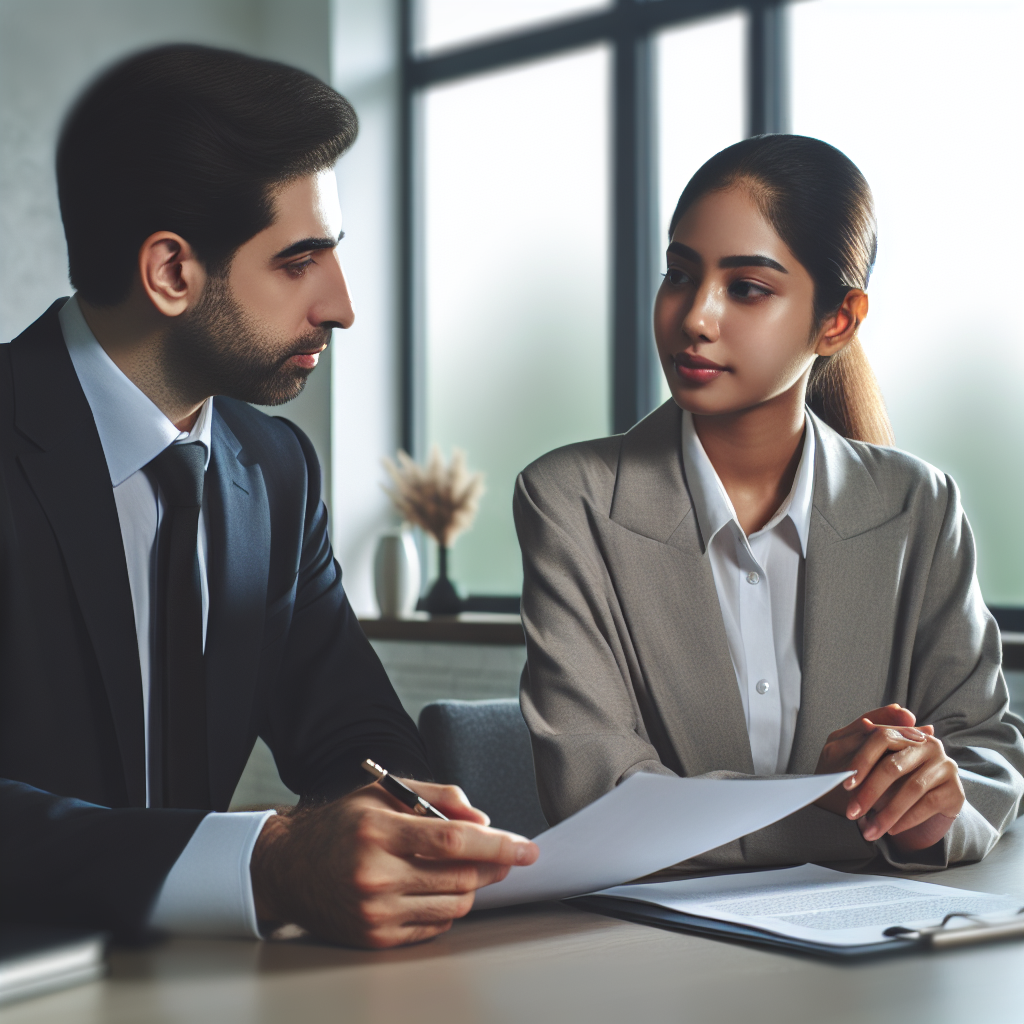 A serene office setting with a family law attorney discussing documents with a client