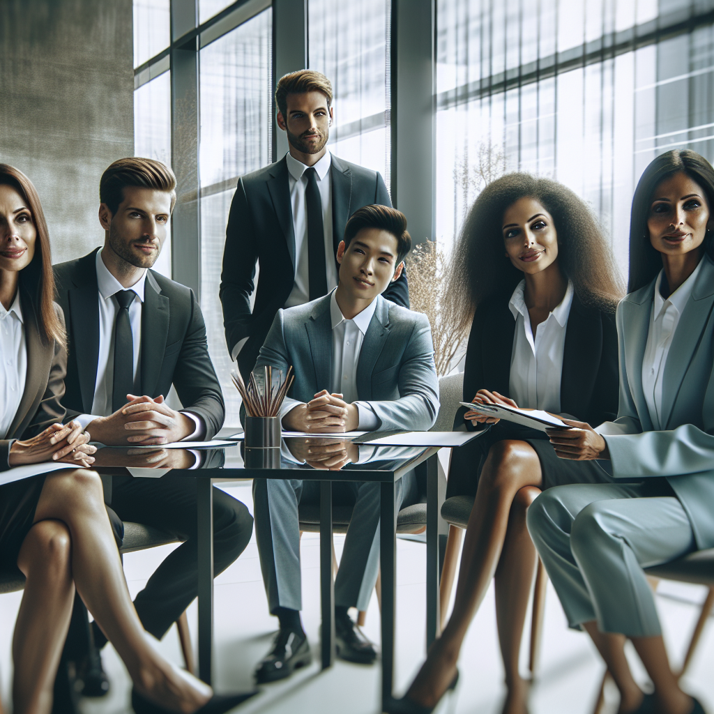 A diverse group of people discussing family law issues in a modern office setting