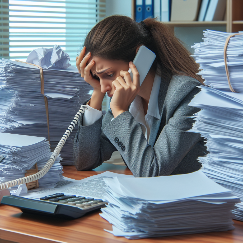 A stressed individual sitting at a desk surrounded by legal documents related to divorce, looking overwhelmed but hopeful as they speak with their divorce lawyer on the phone