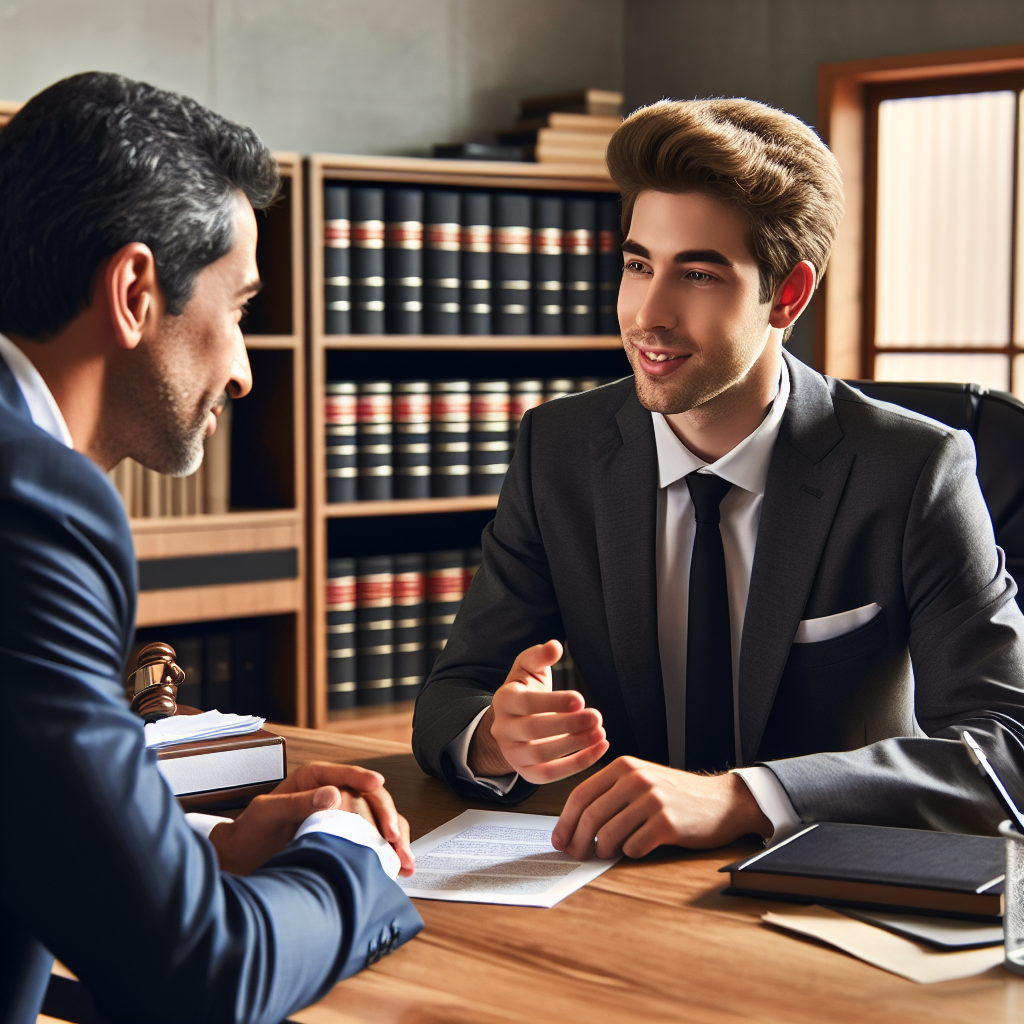 A friendly divorce lawyer discussing options with a client in an office setting