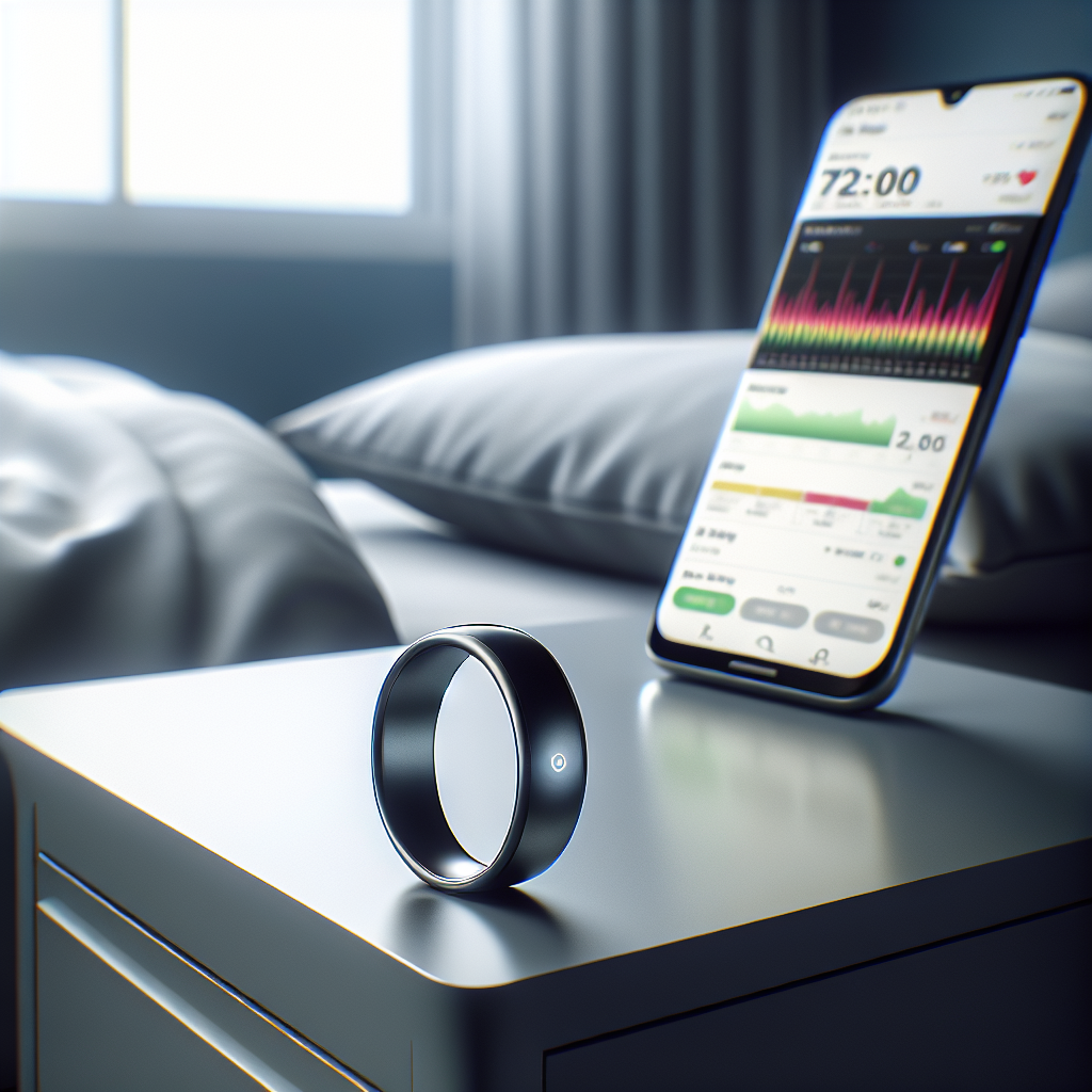 A stylish smart ring on a bedside table next to a smartphone displaying sleep data