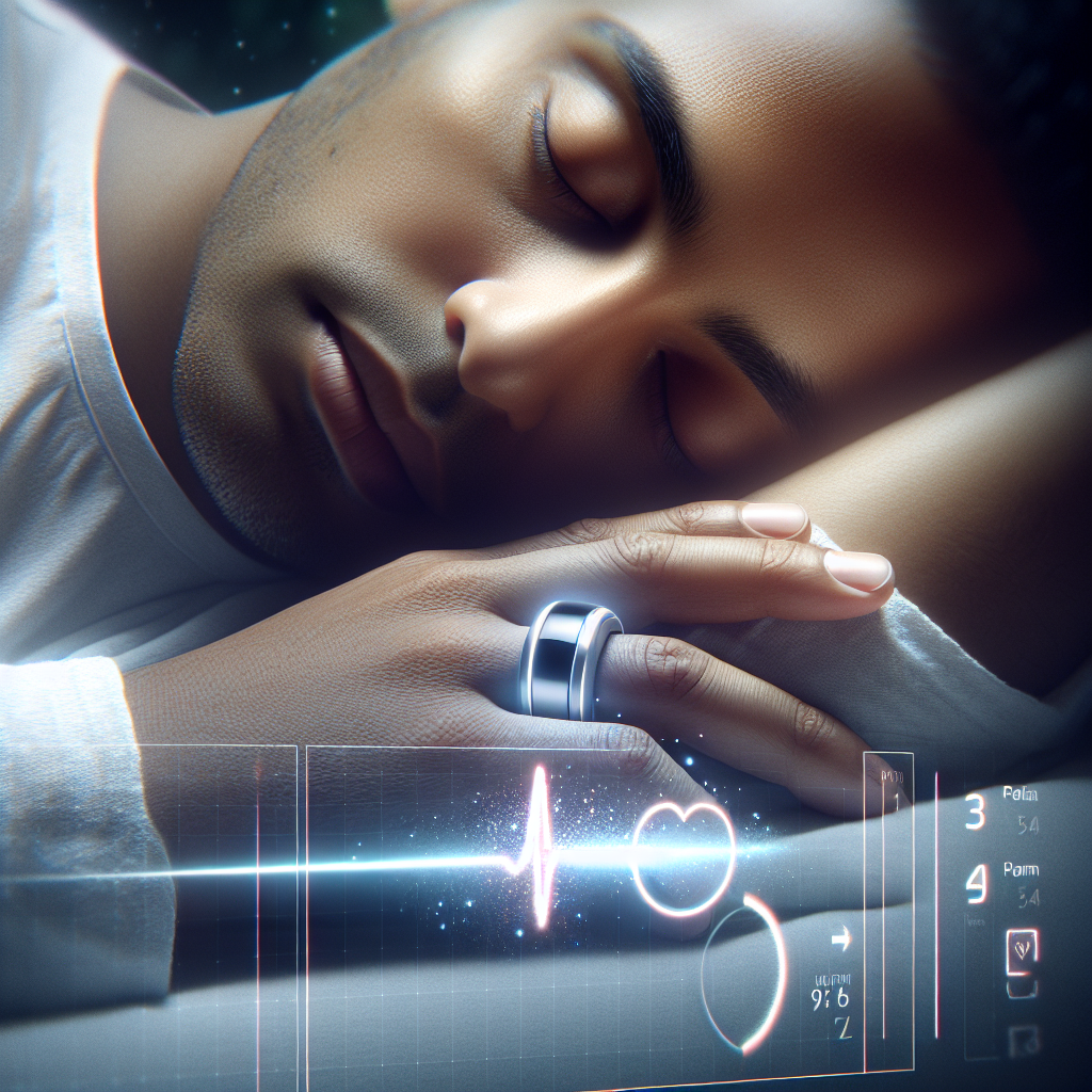 A person peacefully sleeping with a smart ring on their finger while a soft glow from a digital display shows their heart rate