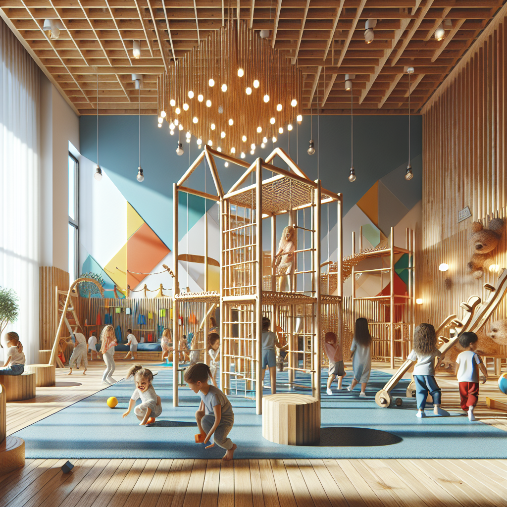 A beautifully designed indoor wooden climbing structure in a colorful playroom, featuring children playing and exploring safely. The room is bright and inviting, showcasing various types of wooden climbing equipment.