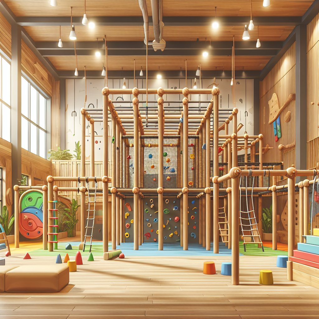 A vibrant indoor playroom featuring various wooden climbing structures for kids including a jungle gym and climbing wall