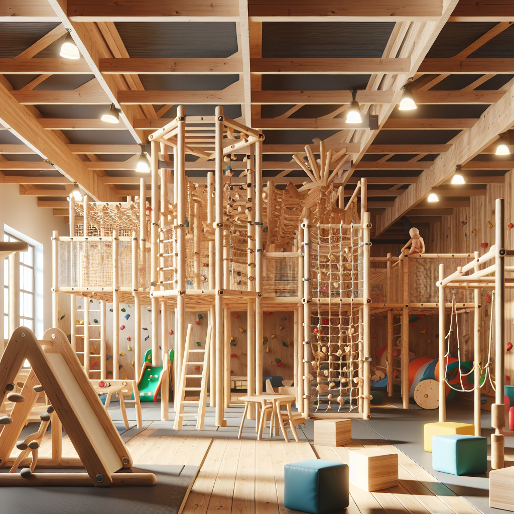 A vibrant indoor playroom featuring various indoor wooden climbing structures including a jungle gym, climbing wall, and toddler equipment.