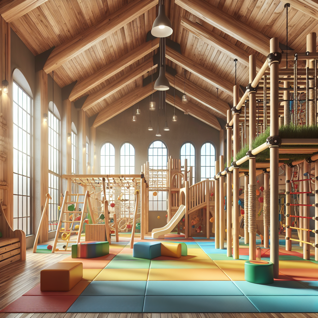 A vibrant indoor playroom featuring various types of wooden climbing structures including a jungle gym and climbing frame