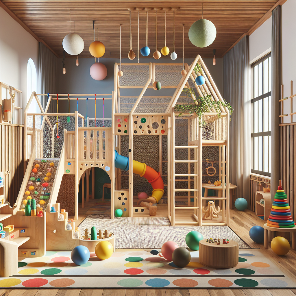 A beautifully designed Montessori playroom featuring an indoor wooden climbing structure, colorful children's furniture, and sensory play areas