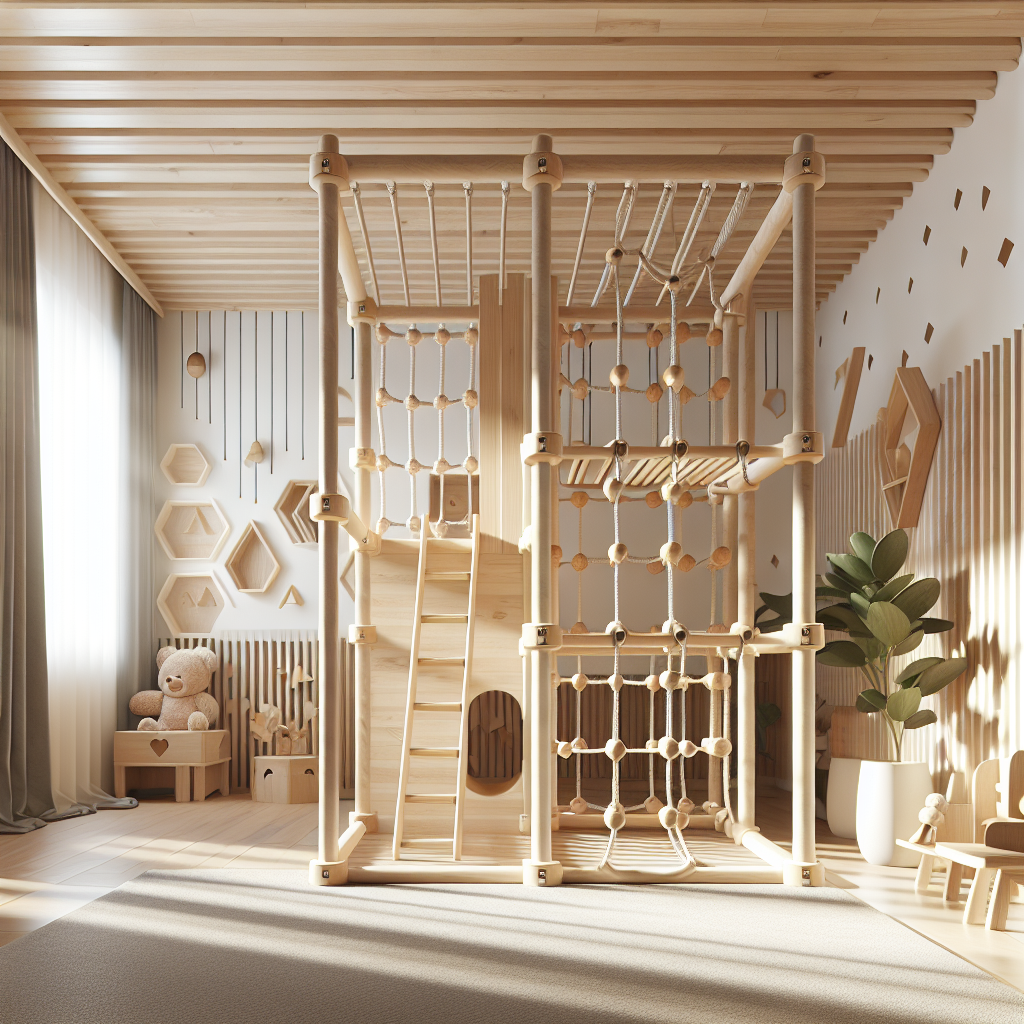 A beautifully designed indoor wooden climbing structure made from natural wood, integrated into a stylish children's room with soft lighting and playful decor elements