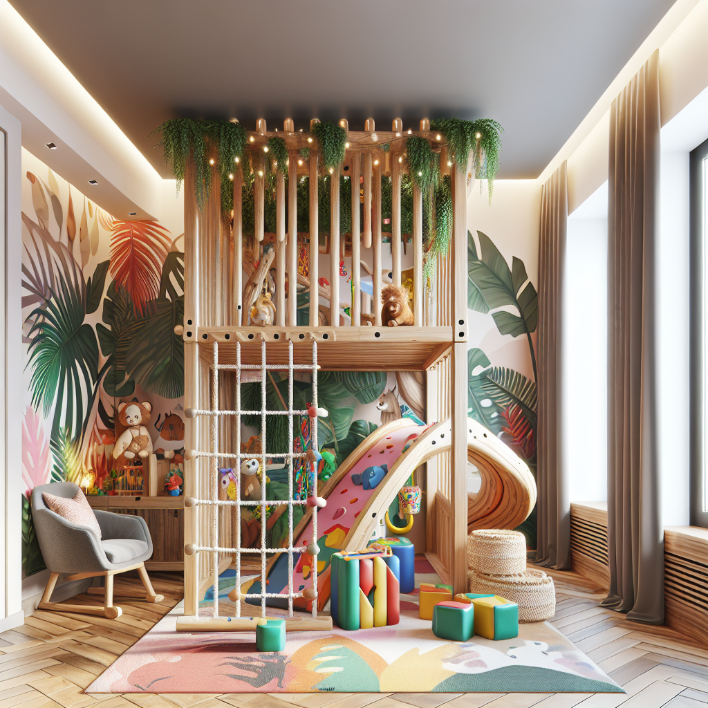 A beautifully decorated children's playroom featuring an indoor wooden climbing structure styled in a jungle theme with vibrant colors and playful decor.