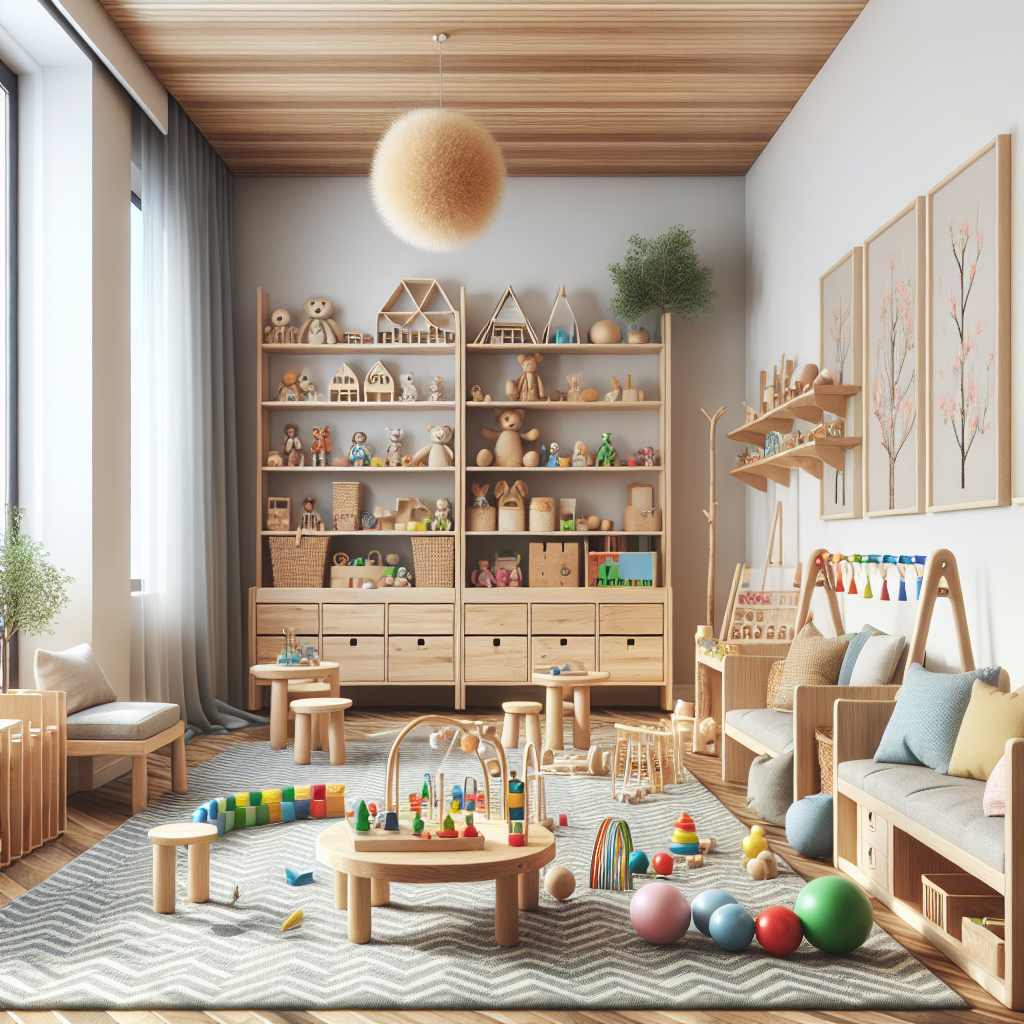 A beautifully arranged Montessori children's room featuring natural wood furniture, colorful educational toys on shelves, and cozy play areas