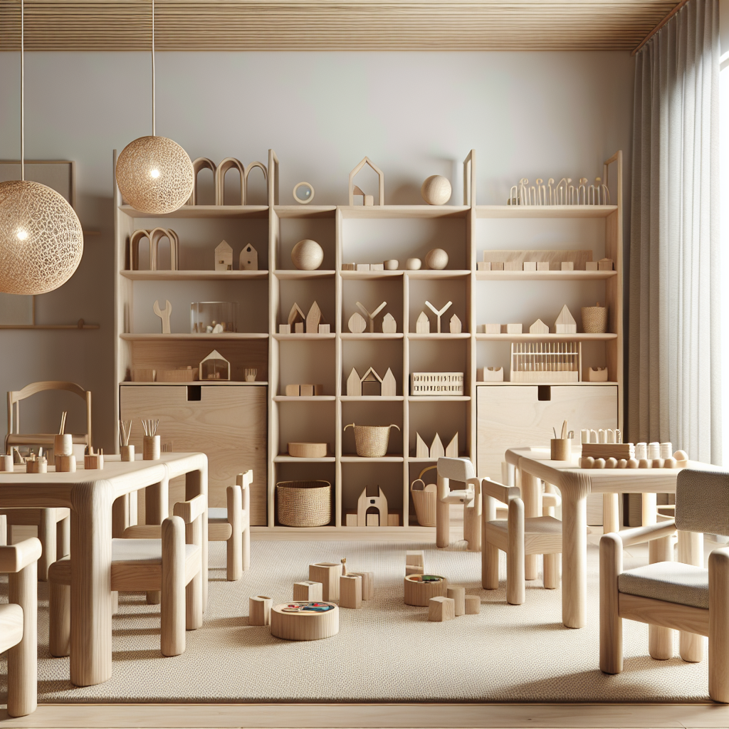 A beautifully designed Montessori room showcasing child-sized furniture made from natural wood, featuring shelves filled with educational materials and minimalist decor.