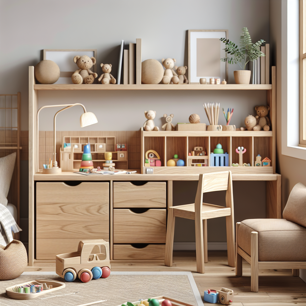 A cozy Montessori-inspired children's room featuring natural wood furniture, low shelving filled with educational toys, and an adjustable desk suitable for toddlers.