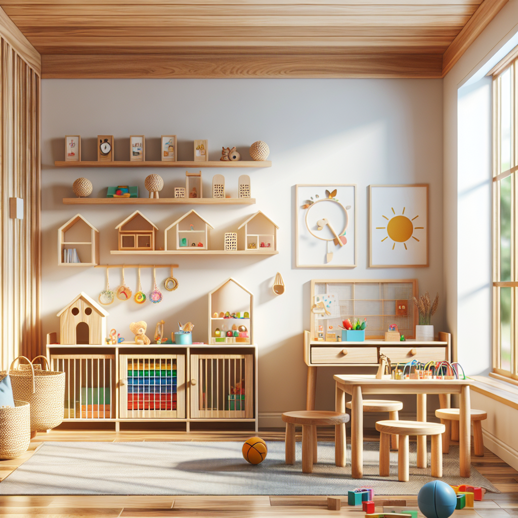 A beautifully organized Montessori-inspired children's room featuring wooden Montessori furniture, colorful educational toys, and natural light streaming through the window