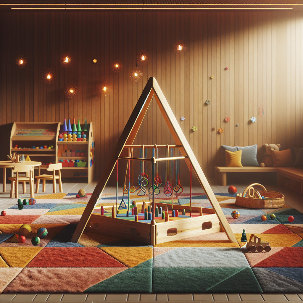 A cozy indoor playroom featuring a wooden Pikler triangle set surrounded by colorful soft mats and various Montessori toys.