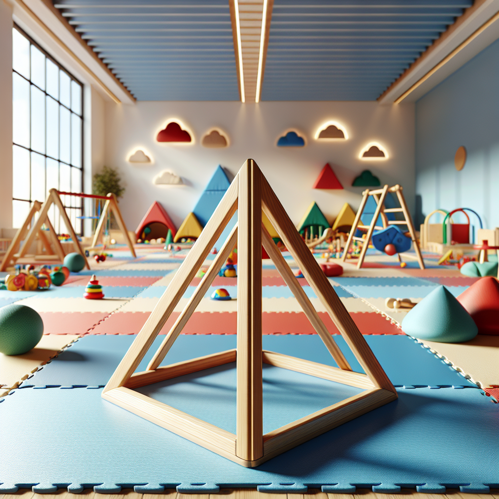 A beautifully crafted wooden Pikler triangle set in a bright indoor playroom filled with soft mats and colorful toys