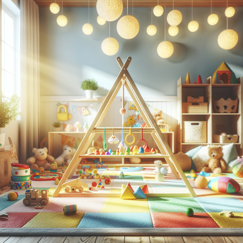 A cozy indoor play area featuring a wooden Pikler triangle set with colorful soft mats and toys scattered around