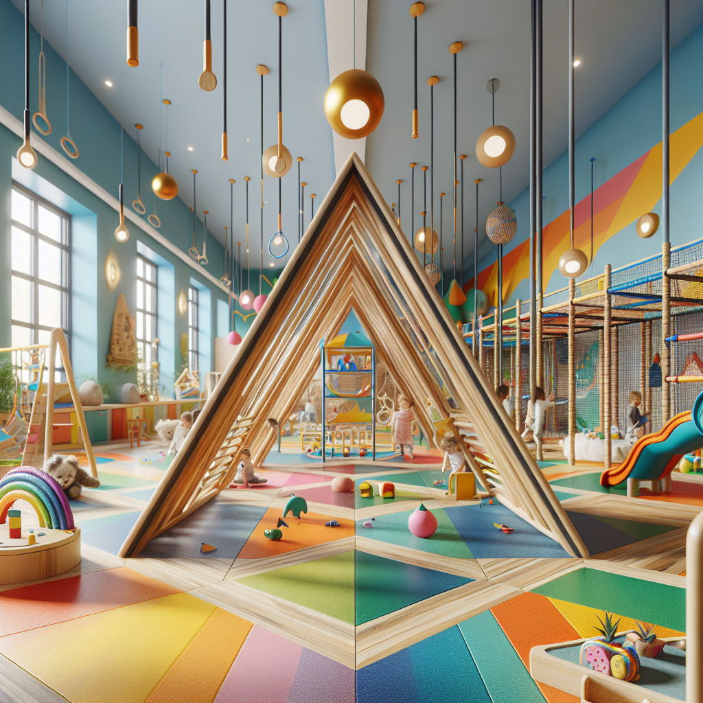 A beautifully designed indoor play area featuring a wooden Pikler triangle set surrounded by colorful open-ended toys and sensory equipment